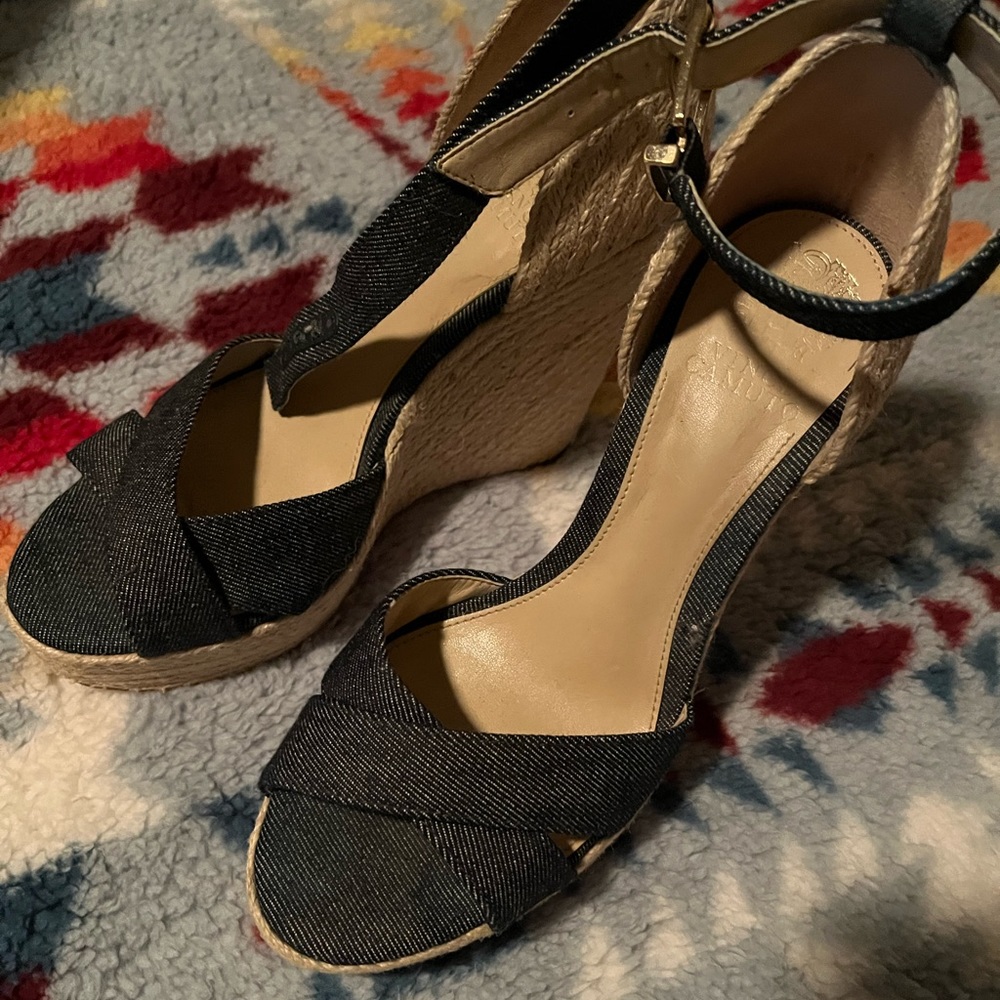Vince camuto denim ankle strap wedge